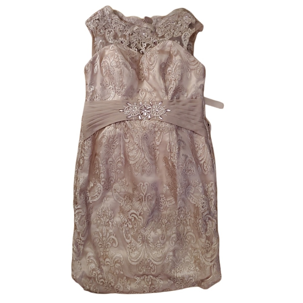 Sleeveless Lace Brocade Print Beaded Blush Pink Knee Length Evening Prom Dress!